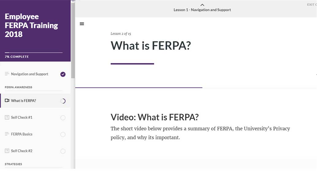 FERPA Training Screenshot from D2L