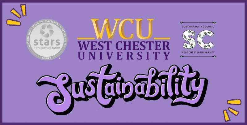 West Chester Sustainability STARS Banner Heading titled: West Chester University, below it is 'Sustainability' in graffiti font, and then there is the Silver STARS Ranking coin to the left of the text and the 'Sustainability Council at West Chester university' logo to the rightl. It has a purple background and mostly purple and black text.