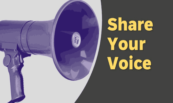 a bullhorn with the text share your voice