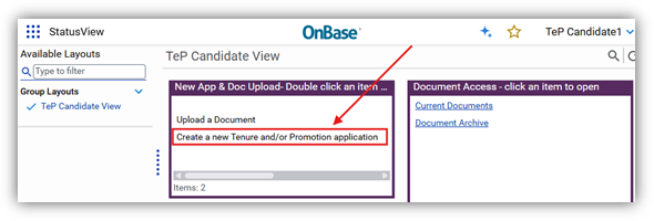 Screenshot of OnBase Create a new Tenure and/or Promotion application