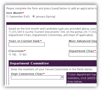 Screenshot of Tenure and Promotion Application questions