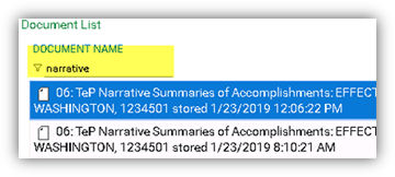Screenshot of Document Name searching for 'narrative'