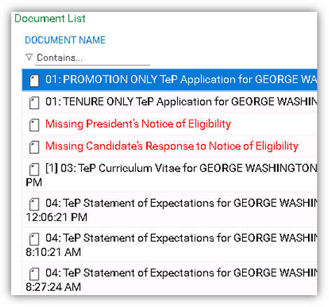 Screenshot of Document List document names