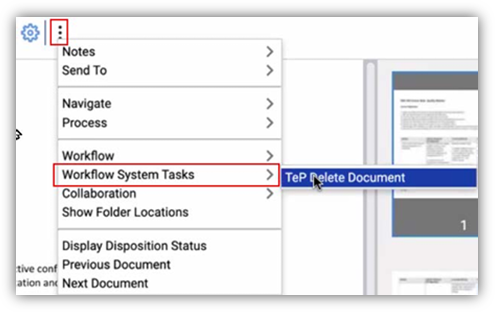 Screenshot of Workflow System Tasks selected in the dropdown and TeP Delete Document highlighted