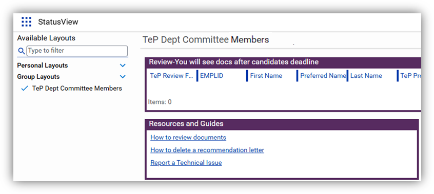 Screenshot of TeP Dept Committee Members StatusView