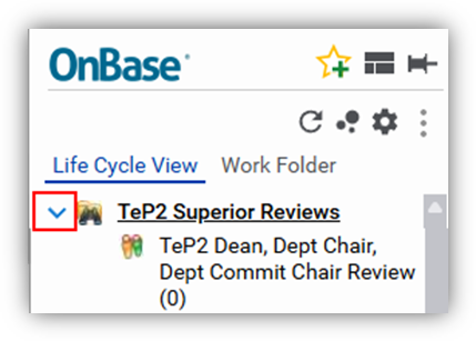 Screenshot of OnBase Life Cycle View with TeP2 Supervior Reviews highlihgted