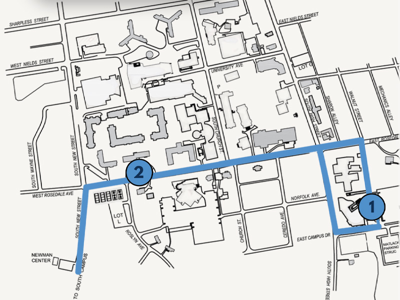 map of the North Campus stops on the Blue Route