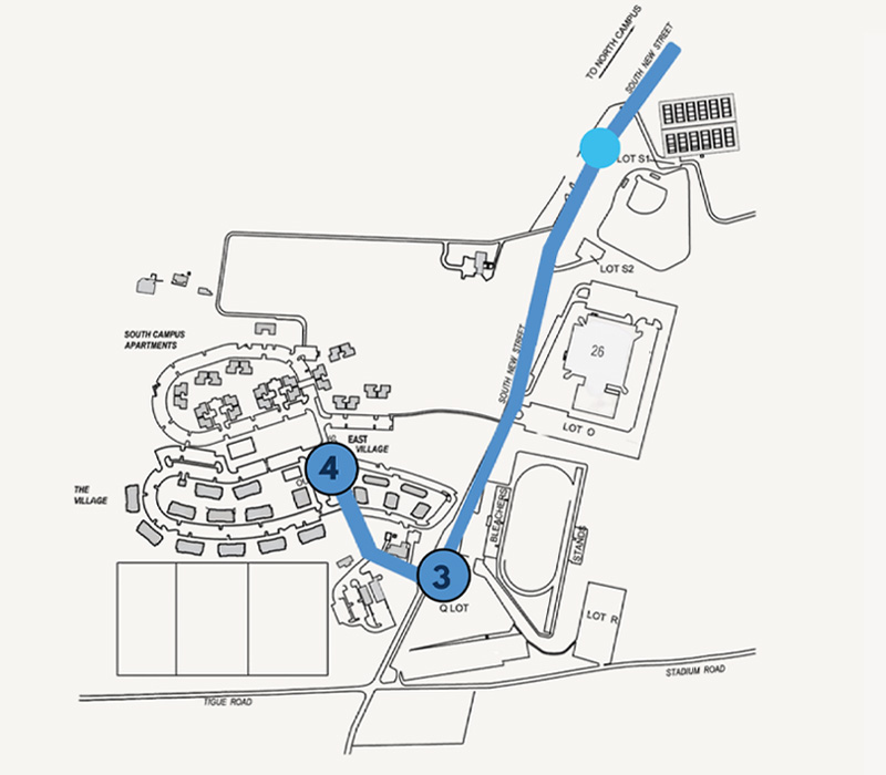 map of the South Campus stops on the Blue Route