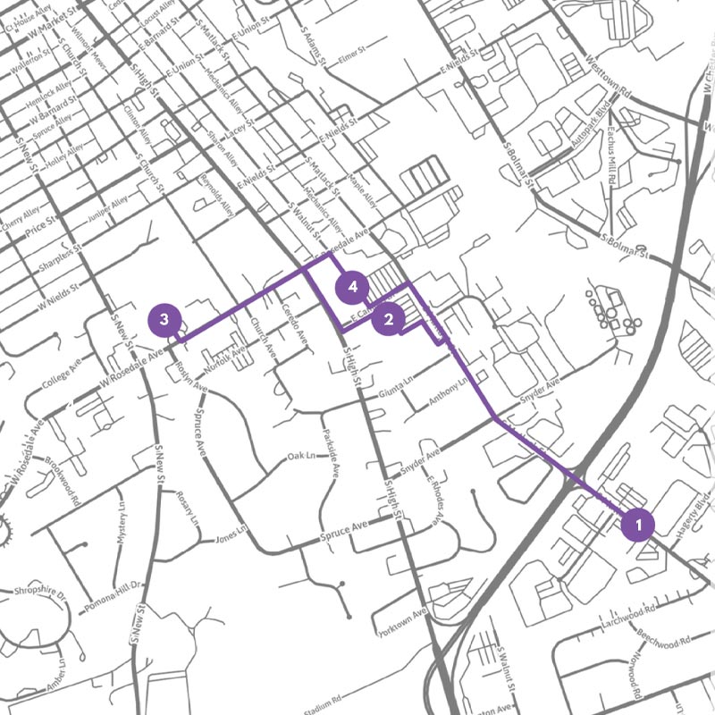 map of the North Campus stops on the Purple Route