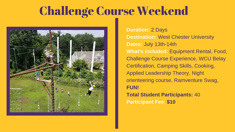 Challenge Course Weekend - Duration: 2 days; Destination: West Chester University; Dates: July 13th-14th; What's Included: equipment rental, food, challenge course experience, wcu belay certification, camping skills, cooking, applied leadership theory, night orienteering course, ramventure swag, FUN!; Total Student Participants: 40; Participation Fee: $10