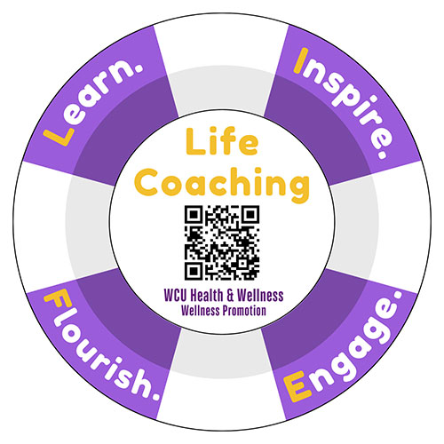 Life coaching graphic that says 'Life Coaching - Learn, Inspire, Flourish, and Engage'