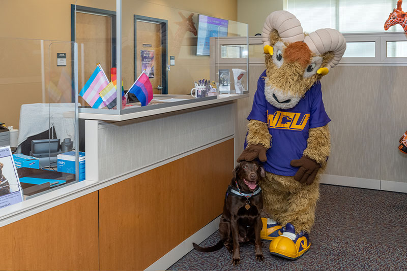 Rammy and a therapy dog posing in the CMHS facilities