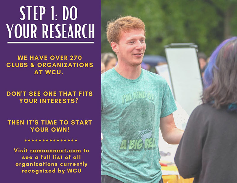 Step 2: The interest form - You've searched high and low and didn't see a club or organization that would fit your interest. Now it's time to fill out the interest form on wcupa.edu/sli. Tell us who you are and what kind of club or organization you would like to start! Step 3: Meet with an LC - Our leadership consultants are experts on the club and org recognition process! An LC will reach out to schedule a meeting to go over next steps for creating your club or organization. Email involvement@wcupa.edu with any questions! 