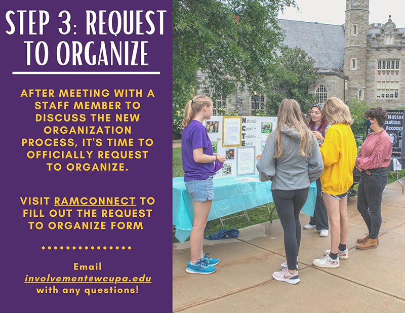 Our leadership consultants are experts on the  club & org recognition process! An LC will reach out to schedule a meeting to go over next steps for creating your club or organization.  Email involvement@wcupa.edu with any questions!