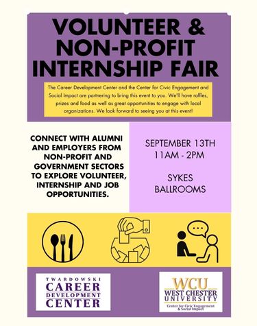   VOLUNTEER & NON-PROFIT INTERNSHIP FAIR The Career Development Center and the Center for Civic Engagement and Social Impact are partnering to bring this event to you. We'll have raffles, prizes and food as well as great opportunities to engage with local organizations. We look forward to seeing you at this event! CONNECT WITH ALUMNI AND EMPLOYERS FROM NON-PROFIT AND GOVERNMENT SECTORS TO EXPLORE VOLUNTEER, INTERNSHIP AND JOB OPPORTUNITIES. SEPTEMBER 13TH 11AM-2PM SYKES BALLROOMS TWARDOWSKI CAREER DEVELOPMENT CENTER WCU WEST CHESTER UNIVERSITY