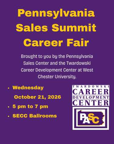 Pennsylvania Sales Summit Career Fair. Wednesday October 21, 2026 5PM-7PM, SECC Ballrooms.