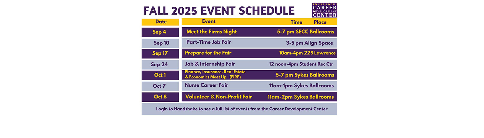 Fall 2025 Event Schedule: Sept 4 - Meet the Firms Night, 5-7pm SECC Ballrooms; Sep 10 - Part-Time Job Fair, 3-5pm Align Space; Sep 17 - Prepare for the Fair, 10am-4pm 225 Lawrence; Sep 24 - Job & Internship Fair, 12noon-4pm Student Rec Ctr; Oct 1 - Finance, Insurance, Real Estate & Economics Meet Up (FIRE), 5-7pm Sykes Ballrooms; Oct 7 - Nurse Career Fair, 11am-1pm Sykes Ballrooms; Oct 8 - Volunteer & Non-Profit Fair, 11am-2pm Sykes Ballrooms; Login to Handshake to see a full list of events from the Career Development Center