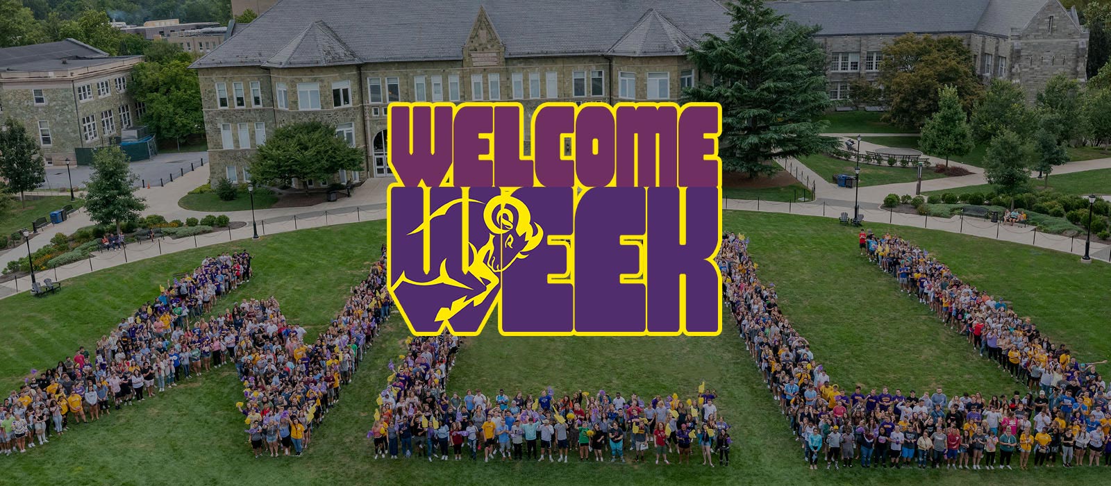 Overhead view, students arranged showing WCU. Text on top of image that says Welcome Week