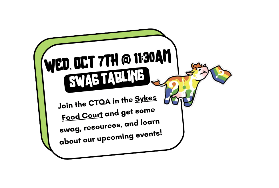 rounded square with words wed oct 7th at 11:30am///swag tabling///Join the CTQA in the Sykes Food Court and get some swag, resources, and learn about our upcoming events!///rainbow colored cow with a rainbow flag featuring a question mark