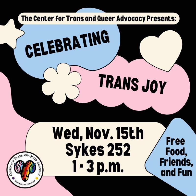 The image has a black background, there is small text at the top that reads The Center for Trans and Queer Advocacy Presents: in a cream colored oval. Under that text is the text Celebrating Trans Joy. The word Celebrating is in a pale blue blob like shape, and the words Trans Joy are in a light pink cloud like shape. There are simple cream colored shapes, a star, flower and heart, that accent the blue and pink shapes. Under that is a cream rounded rectangle with the following text, Wed, Nov. 15th, Sykes 252, 1 - 3 p.m. To the right of that is light blue diamond with text that reads Free Food, Friends, and Fun. In the bottom left  corner of the image is the CTQA logo.
