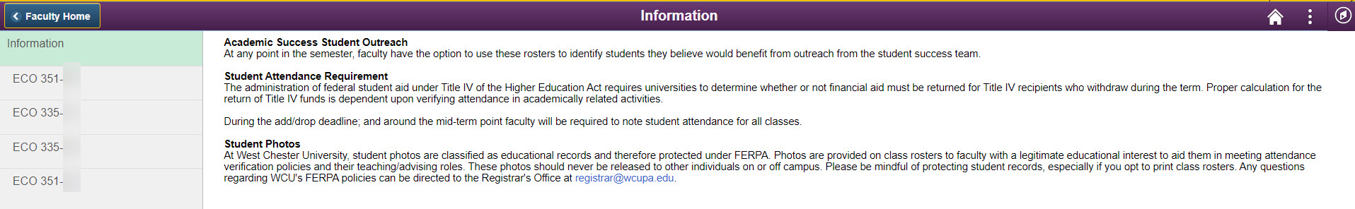 Screenshot for Student Alert & Attendance information including academic success student outreach, student attendance requirements, and student photos.