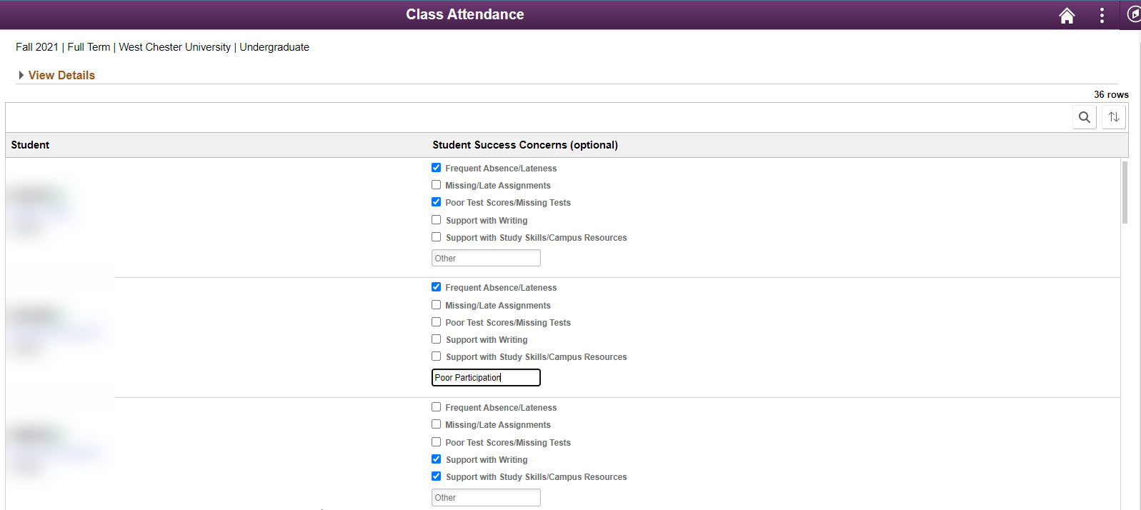 Screenshot showing student success concerns such as: attendance, assignments, tests, and support.