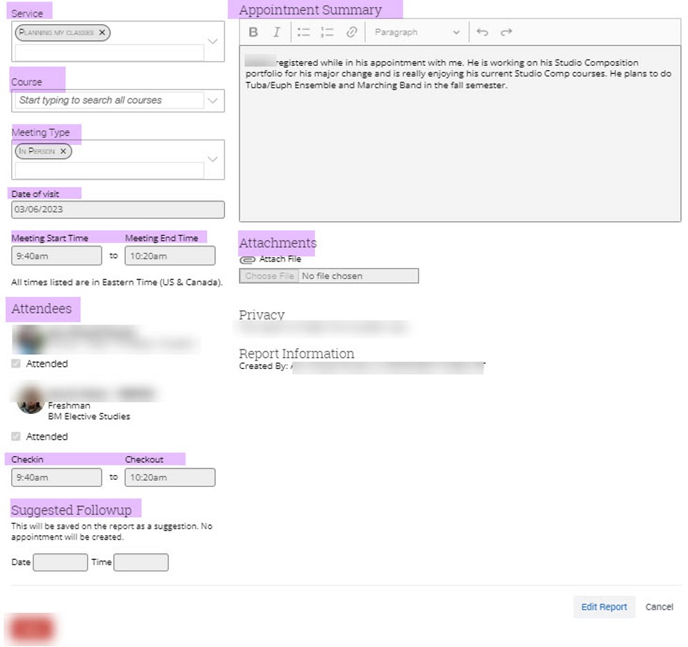 Screenshot shows more summary information for appointments including attendees, appointment summary, attachments