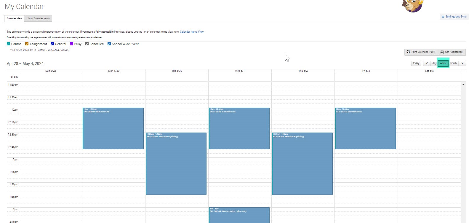 Image of Weekly Class Schedule View in Navigate