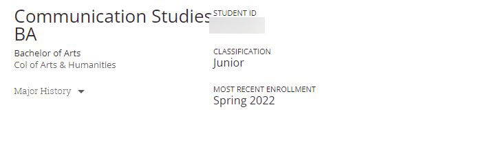 Shows information such as ID#, classification year, most recent enrollment, declared major.
