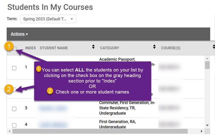 Number 1 showing that there is a checkbox in the top left corner. Corresponding text says you can select ALL the students on your list by clicking on the check box on the gray heading section priot to 'index' OR [2] check one more more student names. The number two corresponds to checkboxes located on each line to select a particular message or select multiple to select multiple messages.
