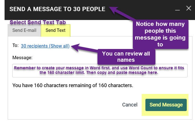 At the top, a message will indicate how many people you are sending this message to. In this example, it says 'send a message to 30 people. Within the 'send text' tab, in this example, at the start of this section are the words 'To: 30 recipients (show all)'. You can click this text to review all names.