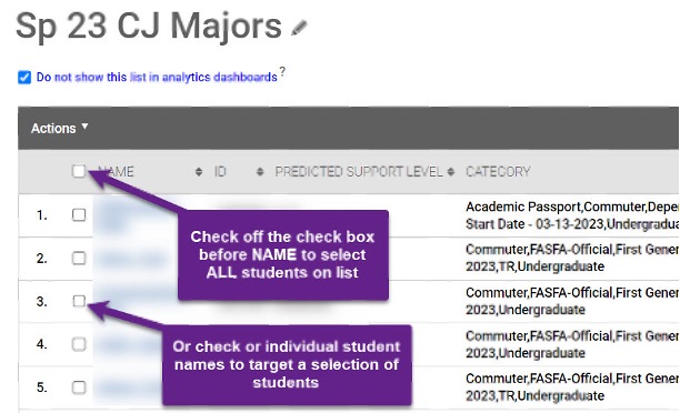 arrow pointing to the checkbox at the top of the left column. Text includes 'chec off the check box before NAME to select ALL students on list. In the same column, each row has a checkbox corresponding to the person on that row. Text includes 'or check or individual student names to target a selection of students.'