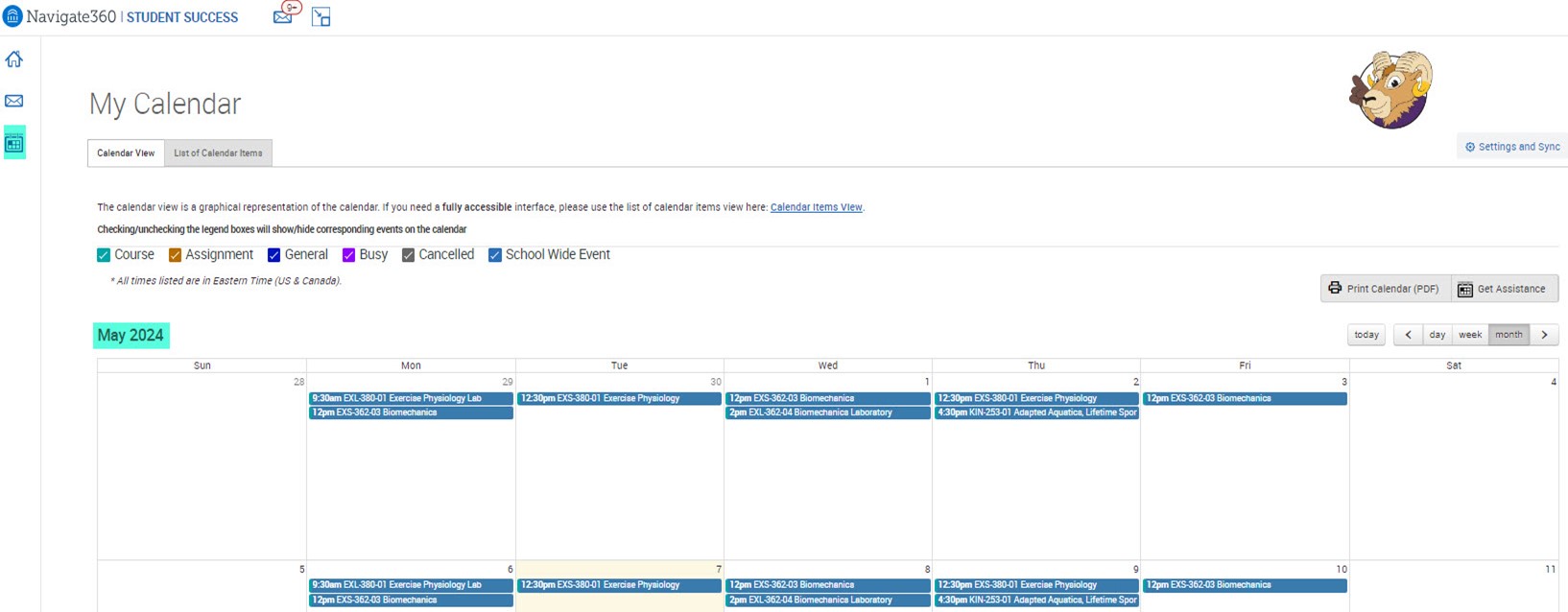 Image of Desktop Calendar View for Classes in Navigate