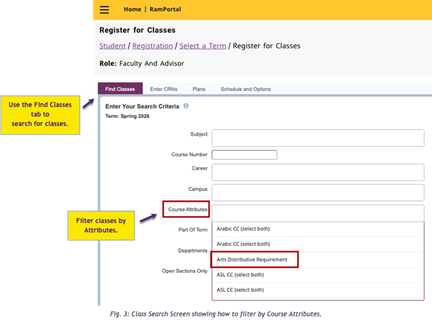 Class registration screenhsot for find classes button and course attribute section