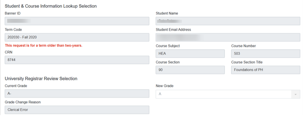 Example of the Grade Change Request  - screenshot