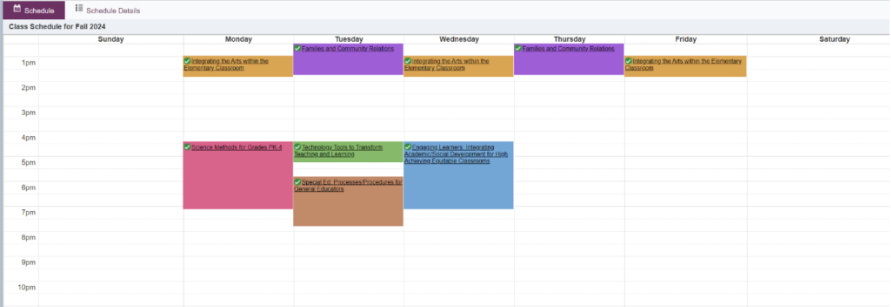 Weekly class calendar showing scheduled classes arranged by day and time.