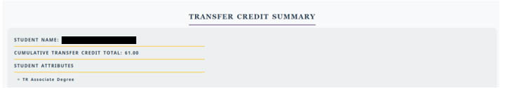 Fig 2: Student Overview Section showing Cumulative Transfer Credit Total and Attributes.