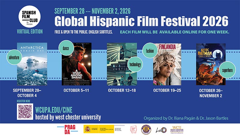 SPANISH FILM CLUB PRASCA VIRTUAL EDITION SEPTEMBER 28 --- NOVEMBER 2, 2026 Global Hispanic Film Festival 2026 FREE & OPEN TO THE PUBLIC. ENGLISH SUBTITLES. EACH FILM WILL BE AVAILABLE ONLINE FOR ONE WEEK. ANTARCTICA dance DOMAIN ONE - adventure SEPTEMBER 28- OCTOBER 4 - dance OCTOBER 5-11 technology - OCTOBER 12-18 - fashion - OCTOBER 19-25 superhero - OCTOBER 26- NOVEMBER 2