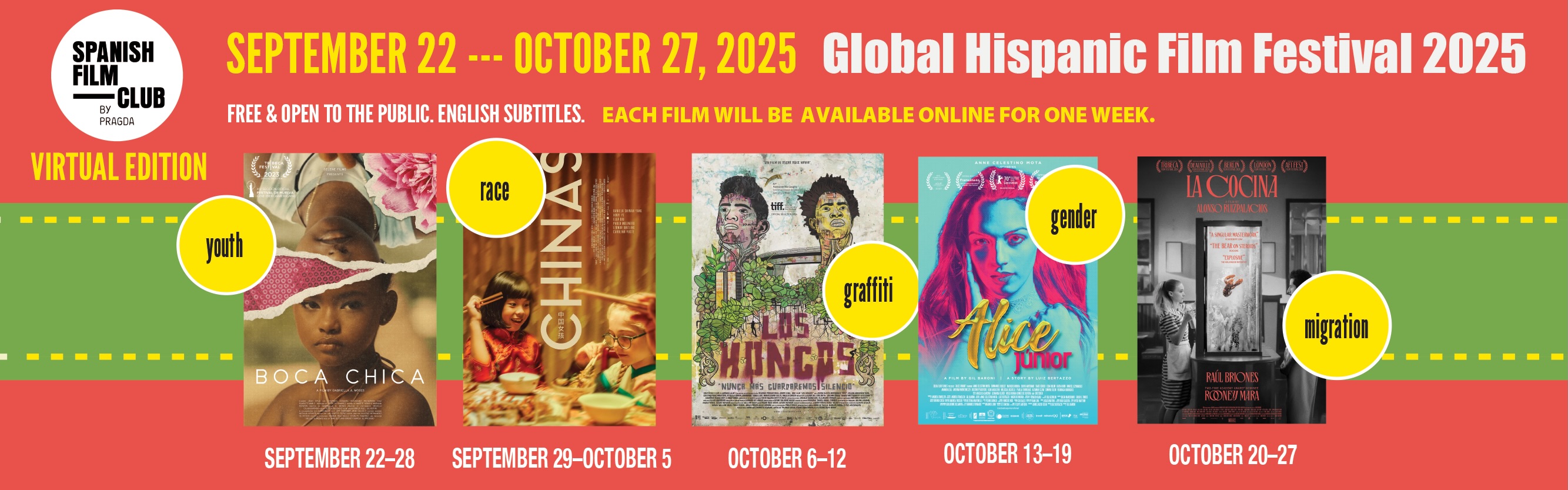 September 22 - October 27, 2025 Global Hispanic Film Festival 2025. Free & Open to the public. English subtitles. Each film will be available online for one week. Youth September 22-28. Race September 29-October 5. Grafiti October 6-12. Gender October 13-19. Migration October 20-27.