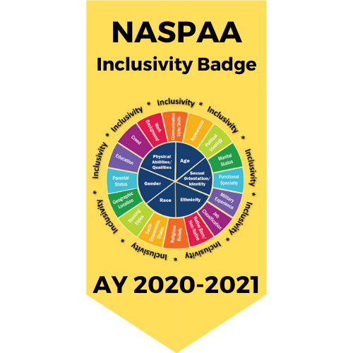 NASPAA Inclusivity Badge ay 2020-2021: Work Background, Creed, Education, Parental Status, Geographic Location, Thinking Styles, Socio-Economic Status, Religious Beliefs, Native-Born/Non-Native, Job Classification, Military Experience, Functional Specialty, Marital Status, Political Ideology, Appearance, Communication Styles/Skills