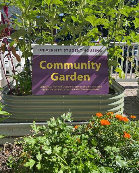 USH Raised garden beds and a sign that reads: "University Student Housing Community Garden. USH partners with West Chester University to grow this sustainable garden and donate food across the West Chester community."