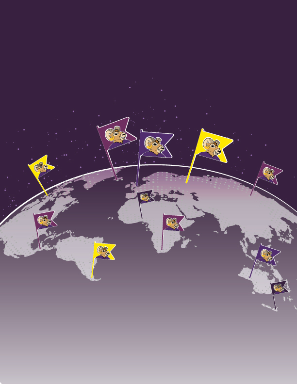 Magazine Cover - Purple Image looking at Earth from space. Flags with Rammy sprung up from multiple locations