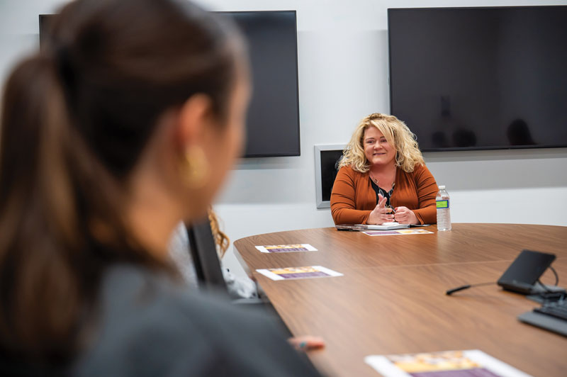 President Laurie Bernotsky during one of her many campus-wide listening tours.