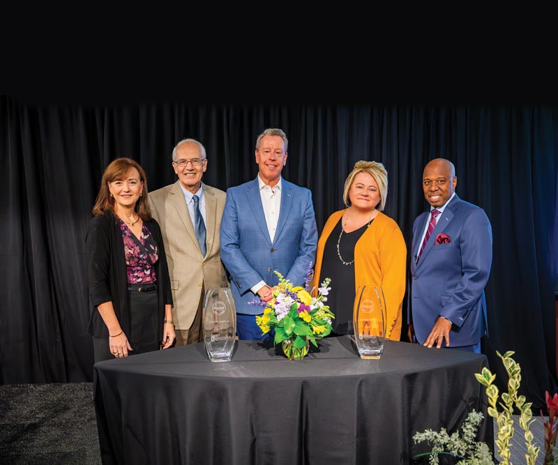 Pictured (L-R) are Deb Cornelius '91, WCU Foundation executive director; Robert G. Struble, Jr. (honoree); Marc Pelletier, senior vice president regional team leader, Commercial and Industrial Banking, Meridian Bank (honoree); Dr. Laurie Bernotsky, WCU president; and Dr. Zeb Davenport, vice president for University Advancement & External Affairs.