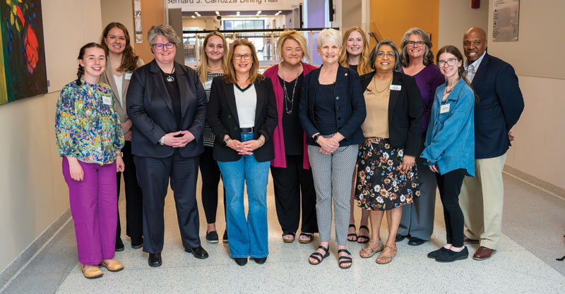 Pictured (L to R) are Anna Roe (WCU student), Katie Kerr ’22 (WCU alumna), Dr. Carrie Rowe (Acting Secretary PA Dept. of Education), Elle Majors (WCU student), Lori Shapiro (First Lady of PA), Dr. Laurie Bernotsky (WCU President), Carolyn Comitta (PA State Senator), Ruby Mundok (Executive Director Governor Shapiro’s Advisory Commission for Next Generation Engagement), Dr. Rita Patel Eng (Senior Director of WCU Center for Community Engagement and Social Impact), Patricia A. Shields (WCU Associate Vice President for Facilities Operations), Angelina Kenney (WCU student), and Dr. Zebulun Davenport (WCU Vice President for University Advancement and External Affairs).