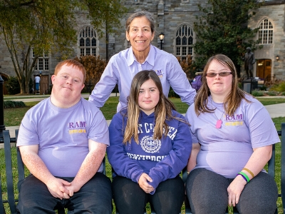 (L-R, sitting in front) RAM Initiative students Nate Seagraves, Olivia Riehl, and Emily Scott pictured with Program Director and Professor of Kinesiology Monica Lepore (standing).
