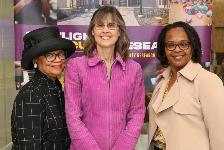 Numerous community partners in the area attended West Chester University’s Spotlight on Faculty Research to recognize the faculty being honored. Pictured (L to R) are President of the Independence Blue Cross Foundation Lorina Marshall Blake; President and Founder of Nth Solutions Sue Springsteen; and President of Alliance for Health Equity (formerly Brandywine Health Foundation) Vanessa Briggs.