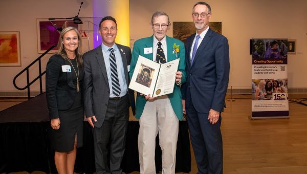 (L-R) Katie Morrision ’02, professor and chair of WCU’s sports medicine department; Scott Heinerichs, dean of the College of Health Sciences; honoree Phil Donley; and WCU President Christopher Fiorentino.