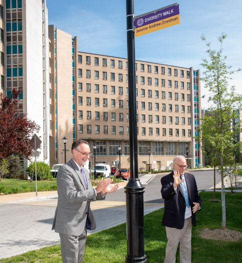 The West Chester University community gathered to unveil “Diversity Way” in honor of former State Senator Andrew Dinniman. Pictured (l to r) immediately following the unveiling are West Chester University President Chris Fiorentino and Former State Senator Andrew Dinniman.