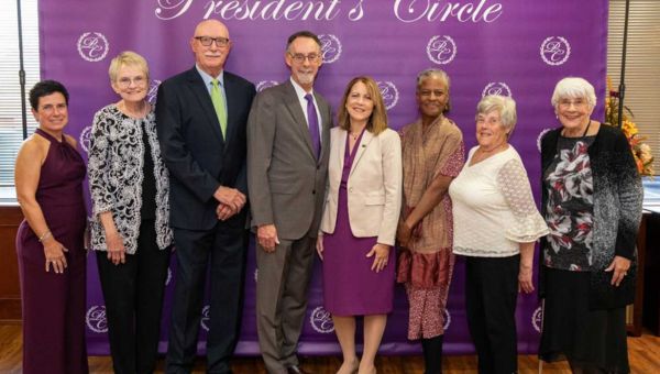 Pictured with President Chris Fiorentino (center left) and Sue Fiorentino (center right) are those who were honored with this year’s President’s Award (L-R): Kathleen Hassinger Boyer ’80, M’86; Dianne and Michael Peich; Anita Foeman, PhD; Kathleen Lackey-Painter, president, GFWC The New Century Club of West Chester; and Marilyn Light, board member and chair of the Education Committee, GFWC The New Century Club of West Chester.